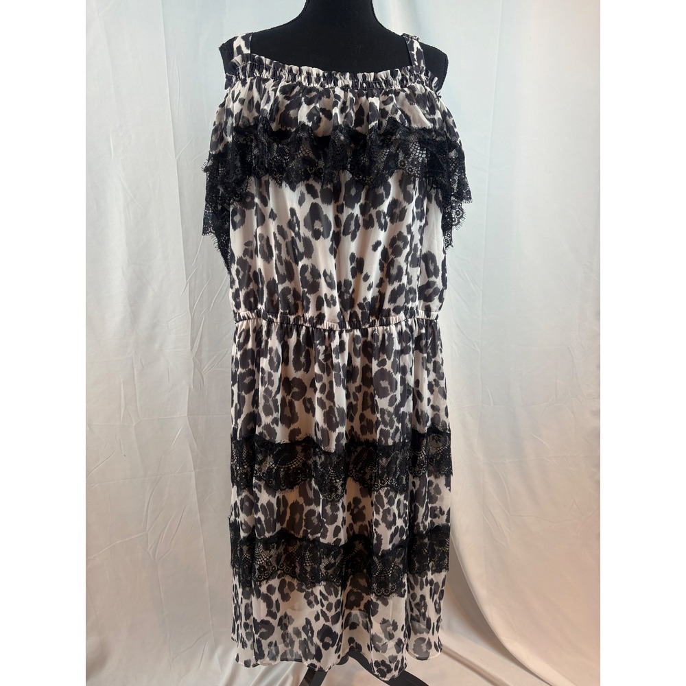 Chic Leopard Print Cold Shoulder Dress Black‎ Lace Trim Elastic Waist Size 22